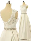 Ball Gown Illusion Satin Sweep Train Wedding Dresses With Appliques Lace #Milly00022517