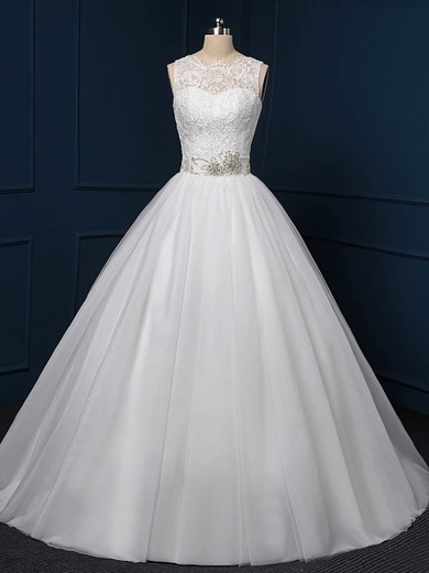 Ball Gown Illusion Tulle Sweep Train Wedding Dresses With Appliques Lace #Milly00022518