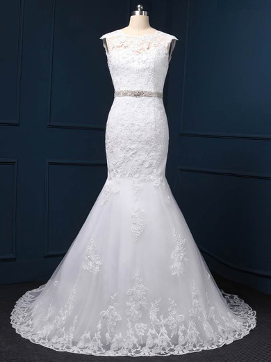 Trumpet/Mermaid Tulle Appliques Lace Sweep Train Graceful White Wedding Dress #Milly00022519
