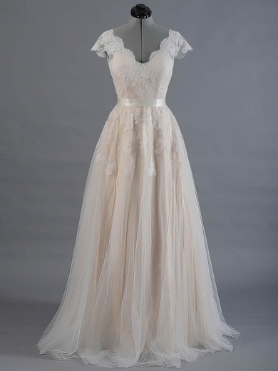 Princess V-neck Champagne Tulle Sashes / Ribbons Short Sleeve Wedding Dress #Milly00022520