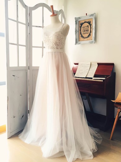 A-line Illusion Tulle Sweep Train Wedding Dresses With Appliques Lace #Milly00022521