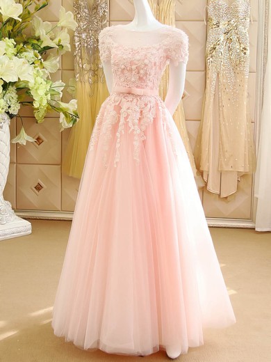 Princess Scoop Neck Pink Tulle Appliques Lace Short Sleeve Prom Dresses #Milly020102120