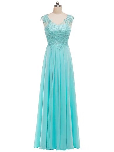 A-line V-neck Floor-length Chiffon Prom Dresses With Appliques #Milly020102123