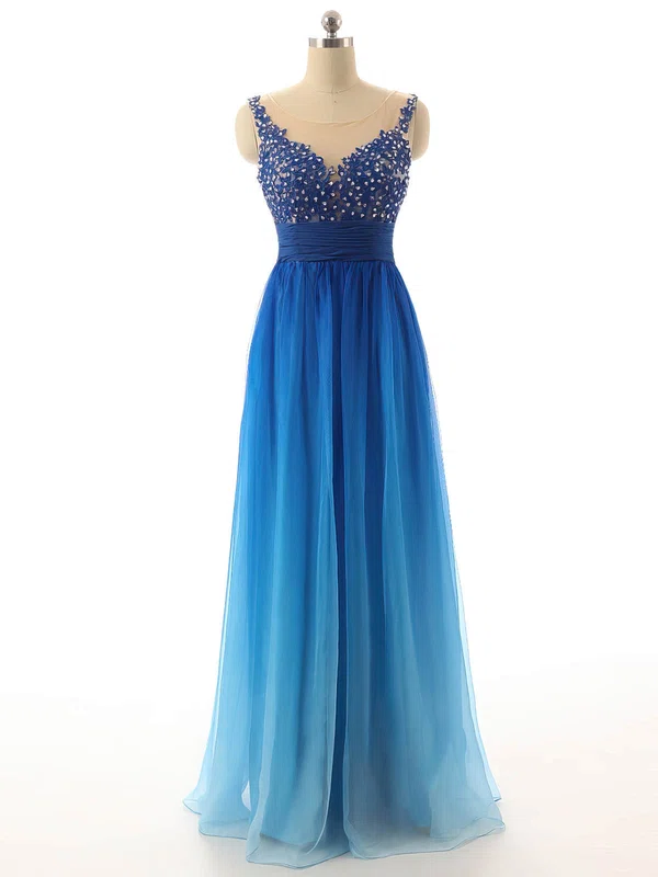 A-line Scoop Neck Floor-length Chiffon Beading Prom Dresses #Milly020102124