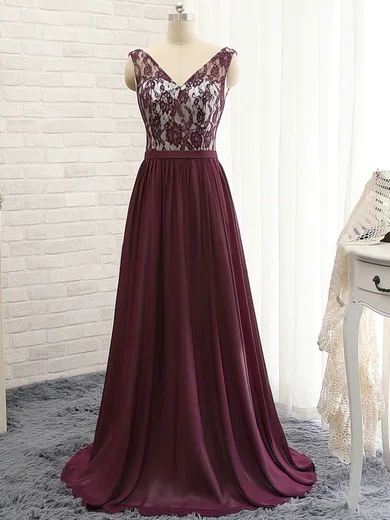 A-line V-neck Chiffon Modest Prom Dresses With Lace #Milly020102133