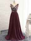 A-line V-neck Sweep Train Chiffon Lace Prom Dresses #Milly020102133