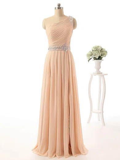 A-line Ruched Chiffon One Shoulder Prom Dresses With Beading #Milly020102139