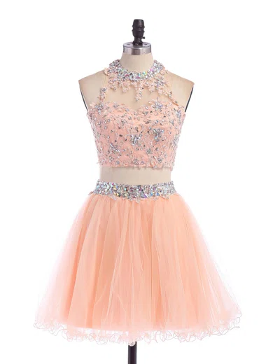 A-line Illusion Tulle Two Piece Prom Dresses With Appliques #Milly020102152