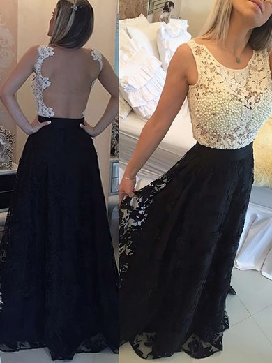 A-line Scoop Neck Lace Floor-length Pearl Detailing Prom Dresses #Milly020102159