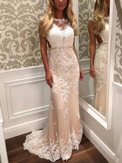 Sheath/Column Sweep Train Scoop Neck Tulle Beading Prom Dresses #Milly020102160