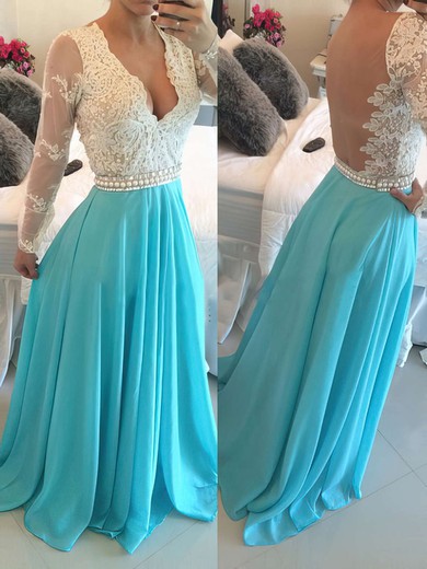 A-line V-neck Chiffon Floor-length Appliques Lace Prom Dresses #Milly020102161