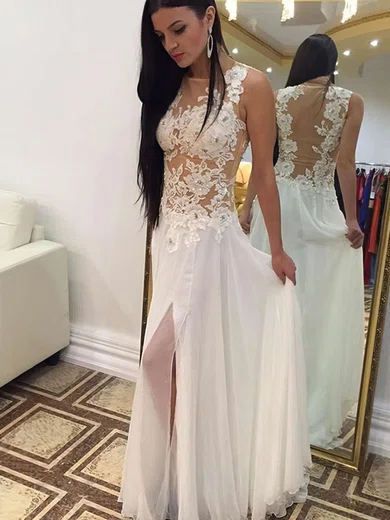 Sheath/Column Scoop Neck Chiffon Floor-length Appliques Lace Prom Dresses #Milly020102166