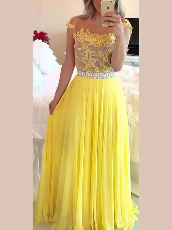 A-line Scoop Neck Yellow Chiffon Tulle Appliques Lace Online Prom Dress #Milly020102168