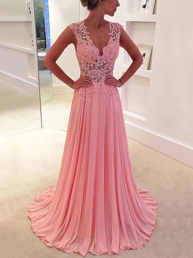 A-line V-neck Chiffon Sweep Train Appliques Lace Prom Dresses #Milly020102171