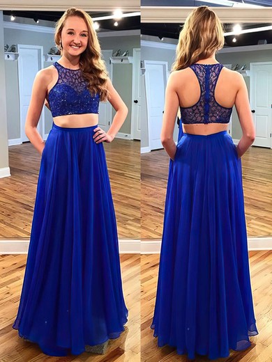 A-line Scoop Neck Chiffon Floor-length Beading Prom Dresses #Milly020102173