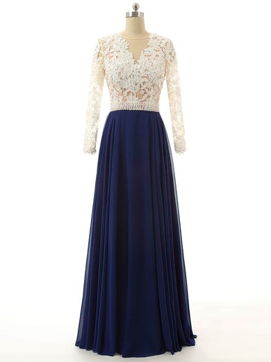 A-line Scoop Neck Chiffon Floor-length Appliques Lace Prom Dresses #Milly020102104