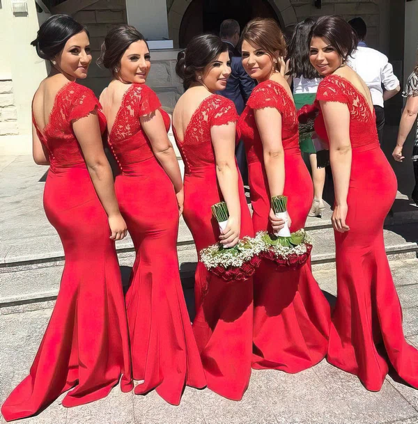 Unique Trumpet/Mermaid V-neck Silk-like Satin Appliques Lace Red Bridesmaid Dresses #Milly01012744
