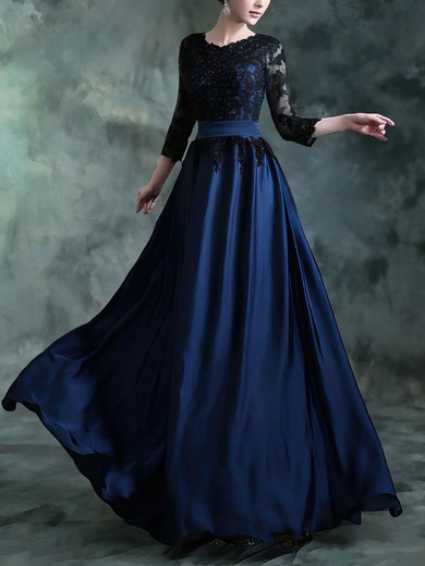 A-line Scoop Neck Silk-like Satin Floor-length Appliques Lace Prom Dresses #Milly020102182