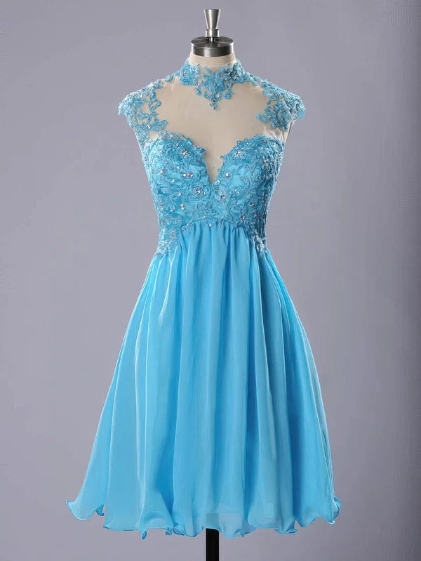 High Neck Blue Chiffon Tulle Appliques Lace Short/Mini Prom Dresses #Milly020102183