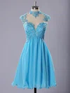 High Neck Blue Chiffon Tulle Appliques Lace Short/Mini Short Prom Dresses #Milly020102183