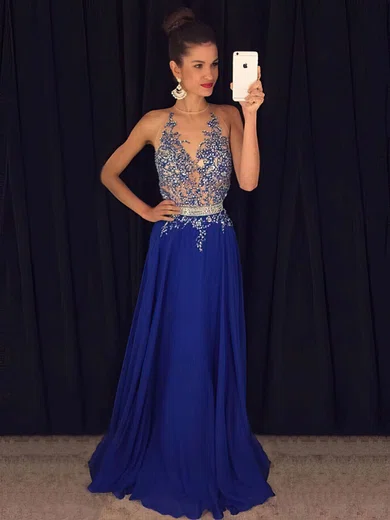 A-line Scoop Neck Chiffon Sweep Train Beading Prom Dresses #Milly020102188