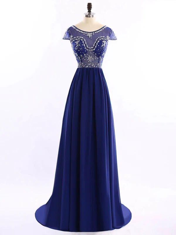 A-line Scoop Neck Sweep Train Chiffon Beading Prom Dresses #Milly020102194
