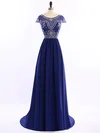 A-line Scoop Neck Sweep Train Chiffon Beading Prom Dresses #Milly020102194