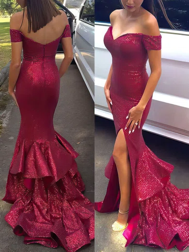 Sheath/Column Sweep Train Off-the-shoulder Sequined Tiered Prom Dresses #Milly020102197