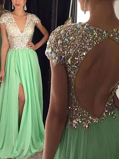 A-line Sweep Train V-neck Chiffon Cap Sleeves Split Front Prom Dresses #Milly020102202