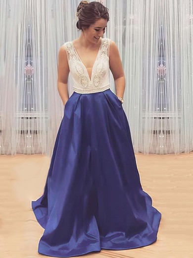 A-line V-neck Satin Sweep Train Beading Prom Dresses #Milly020102206
