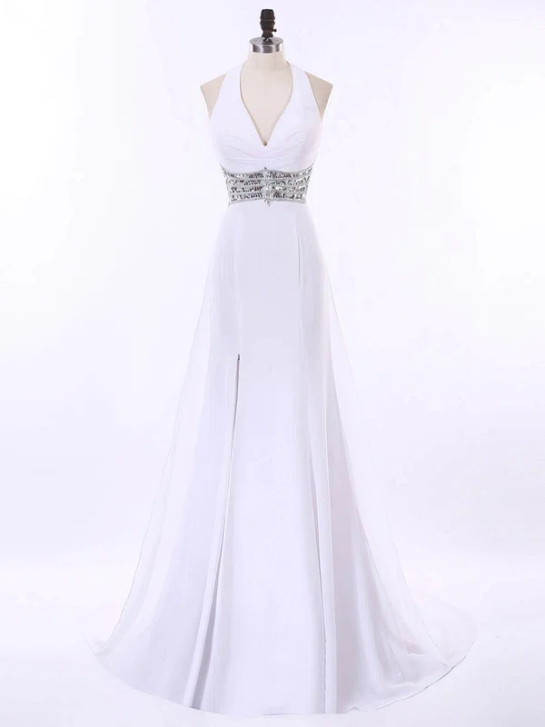 A-line Halter Sweep Train Chiffon Beading Prom Dresses #Milly020102208
