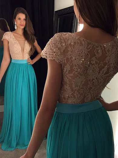 A-line V-neck Lace Chiffon Floor-length Sequins Prom Dresses #Milly020102209