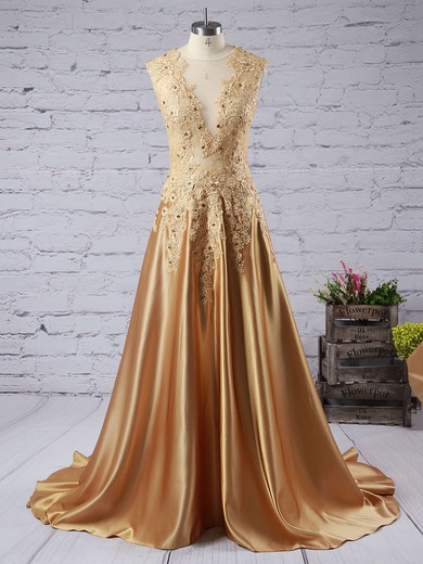 A-line V-neck Satin Sweep Train Beading Prom Dresses #Milly020102215