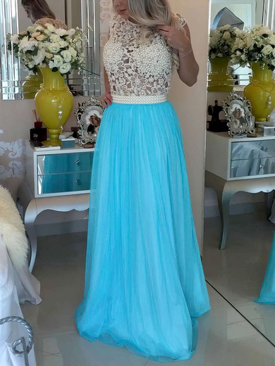 A-line Scoop Neck Lace Chiffon Floor-length Crystal Detailing Prom Dresses #Milly020102229