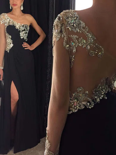 Sheath/Column One Shoulder Chiffon Sweep Train Split Front Prom Dresses #Milly020102230