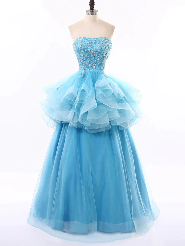 Best Ball Gown Strapless Satin Tulle Appliques Lace Blue Quinceanera Dresses #Milly02072530