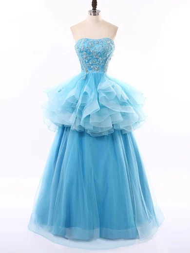 Ball Gown Strapless Satin Tulle Tiered Prom Dresses With Appliques #Milly02072530