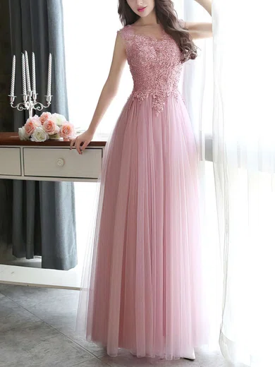 A-line Illusion Tulle Floor-length Prom Dresses With Appliques Lace #Milly020102317
