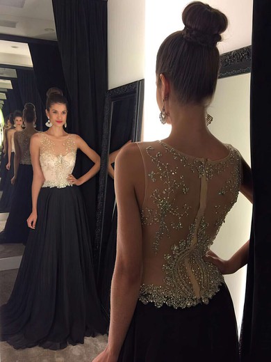 A-line Scoop Neck Chiffon Sweep Train Beading Prom Dresses #Milly020102320