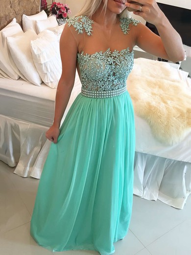 A-line Scoop Neck Chiffon Floor-length Beading Prom Dresses #Milly020102327