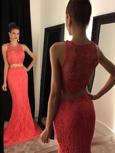 Trumpet/Mermaid Scoop Neck Lace Sweep Train Appliques Lace Prom Dresses #Milly020102334