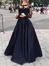 Ball Gown Illusion Lace Satin Long Sleeves Two Piece Prom Dresses #Milly020102335