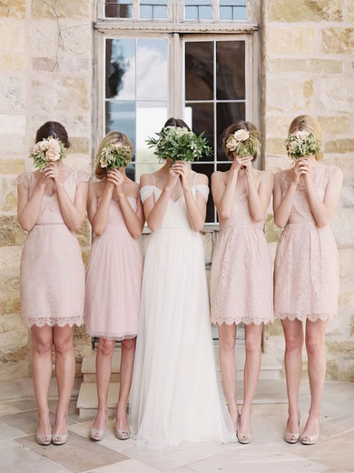 Sheath/Column V-neck Lace Sashes / Ribbons Short/Mini Bridesmaid Dresses #Milly01012752