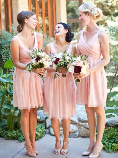Discount V-neck Chiffon Knee-length Ruffles Pink Bridesmaid Dresses #Milly01012754