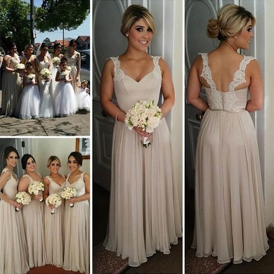 Elegant V-neck Chiffon Floor-length Appliques Lace Long Bridesmaid Dresses #Milly01012755