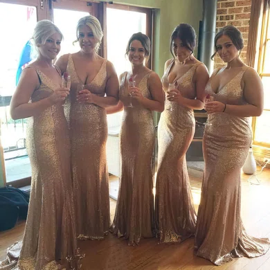 Trumpet/Mermaid V-neck Sequined Sweep Train Sexy Bridesmaid Dresses #Milly01012758