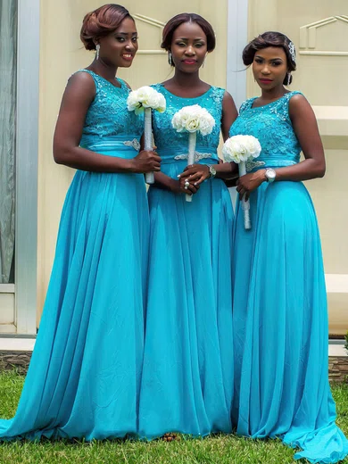 Inexpensive Scoop Neck Chiffon Sweep Train Beading Blue Bridesmaid Dresses #Milly01012759