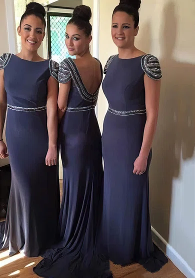 Sheath/Column Chiffon Sweep Train Beading Backless Bridesmaid Dresses #Milly01012765