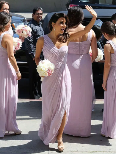Sheath/Column One Shoulder Chiffon Floor-length Split Front Bridesmaid Dresses #Milly01012769