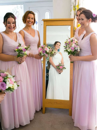 V-neck Pink Chiffon Floor-length with Ruffles Trendy Bridesmaid Dress #Milly01012771